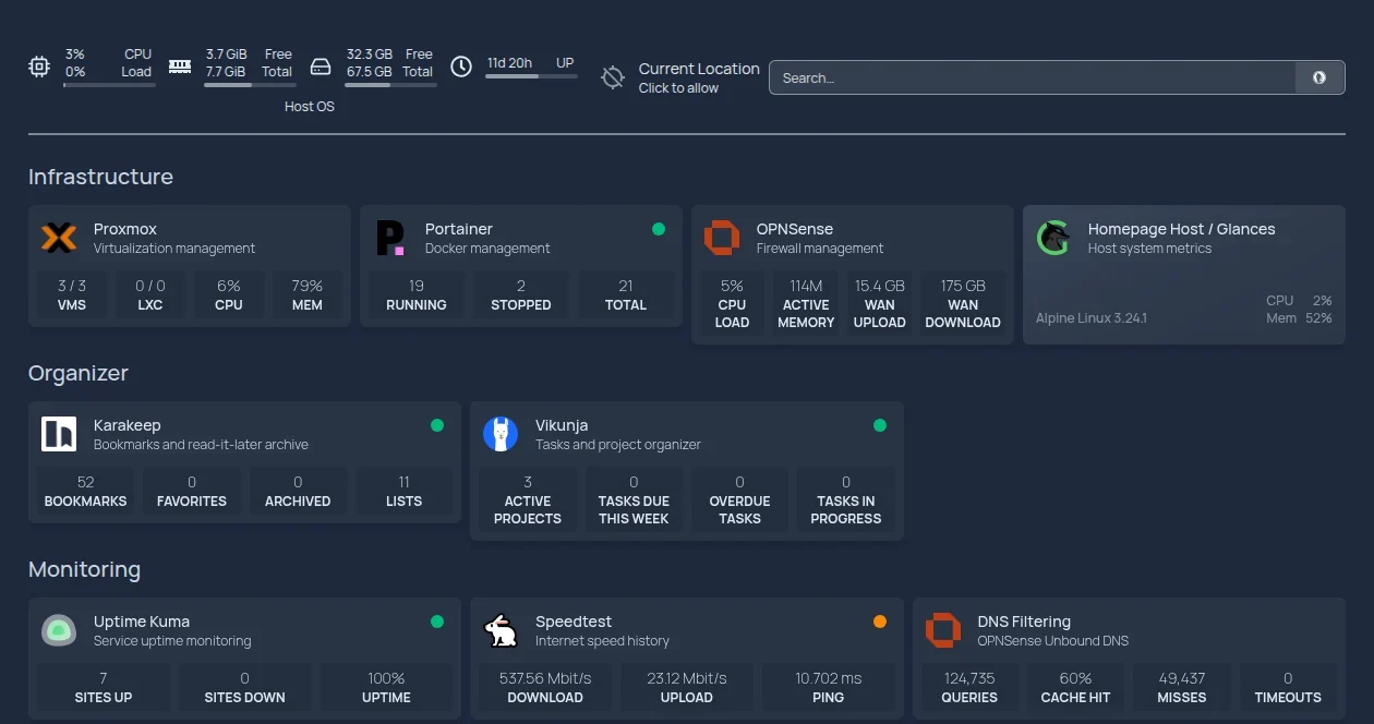 The lab dashboard: groups of cards with live numbers for the hypervisor, containers, firewall, bookmarks, tasks, uptime, and DNS filtering.