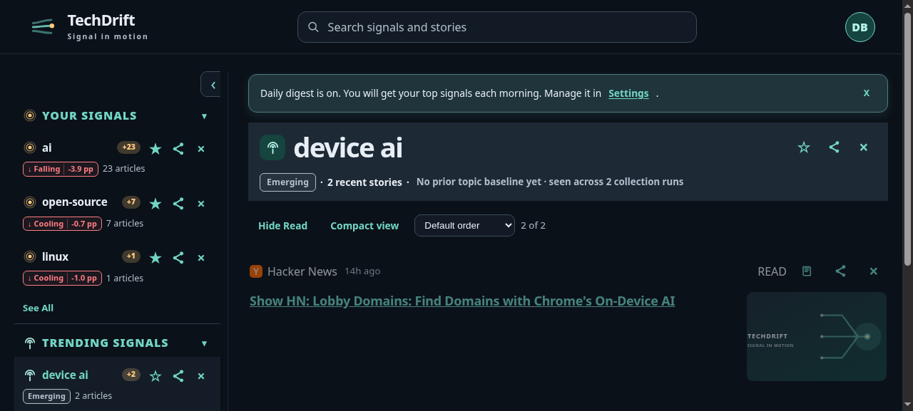 TechDrift signal board, logged in, showing left-nav topic cards with trend status and an open topic's articles